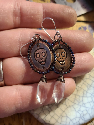 Reserved for Sylvia S. / Memento Mori / Copper, Spinel and Quartz Earrings