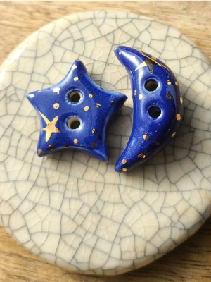 Moon & Star Indigo Sparkle / Ceramic Button Set w/ Gold Luster