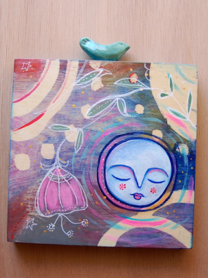 Full Moon Bird / Mixed Media Painting