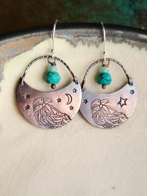 Turquoise Raven / Copper and Gemstone Earrings