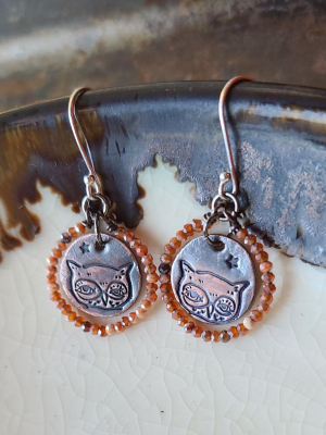 Fall Owl / Copper and Carnelian Earrings