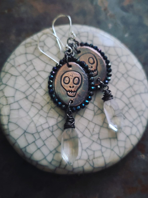 Reserved for Patricia G. / Memento Mori / Copper, Spinel and Quartz Earrings