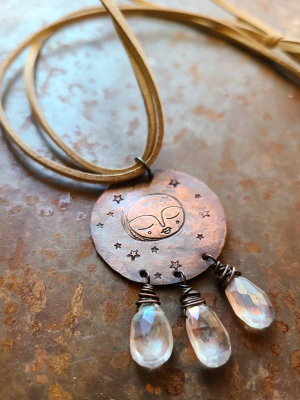 Moonlight / Quartz, Copper and Faux Suede Necklace