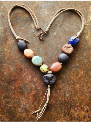 Rustic Owl / Ceramic, Copper and Faux Suede Necklace