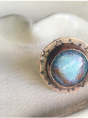 Blue Nebula / Copper, Ceramic and Sterling Silver Ring Size 8.75