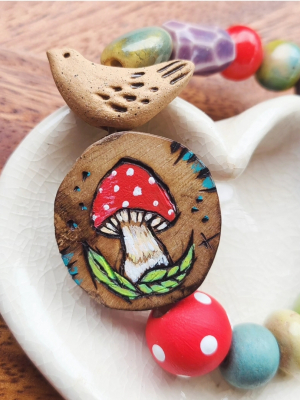 Pretty Forest / Wood Burned Focal Bead with Ceramic Bead Stretch Bracelet