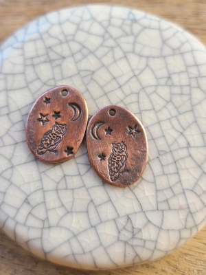 Owl and Moon / Copper Charm Pair