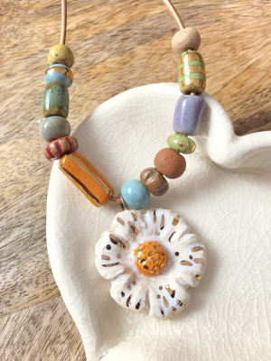 Sunshine Poppie / Ceramic Bead Necklace with gold luster